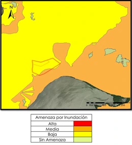 Mapa de amenaza por inundación con categorías alta, media, baja y sin amenaza.